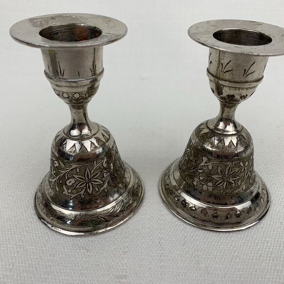 Vintage set of 2 Silver Candle stick‎ Holders ZY India World Gift Bell Shaped - Picture 8 of 10